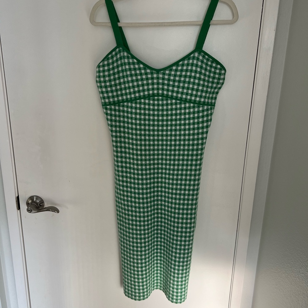 Green Gingham Knit Fitted Midi Dress